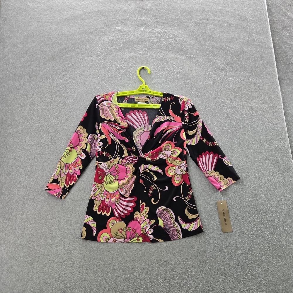 Notations Women Blouse S Black Floral Button MT110077‎ V-Neck Front NWT